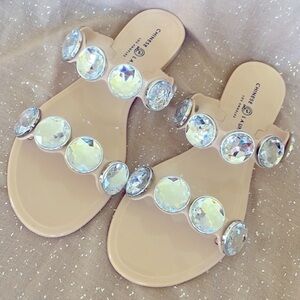 Brand New Chinese Laundry Nude Double Strap Large Jeweled Slides Sandals